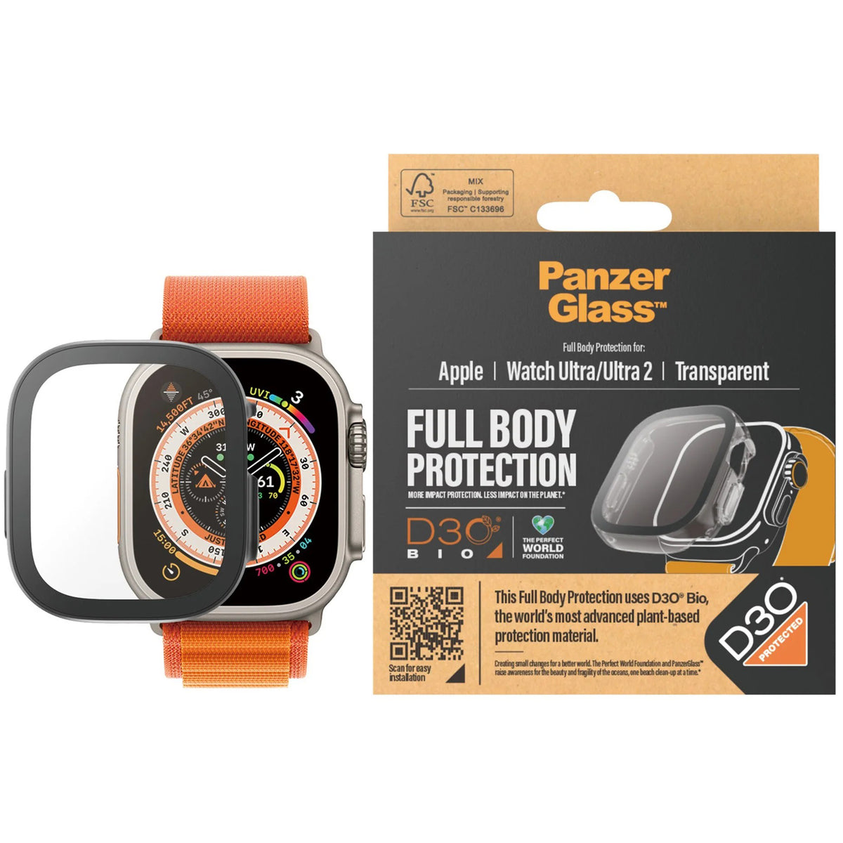 Hülle mit integriertem gehärtetem Glas PanzerGlass Full Body Protection für Apple Watch Ultra 4/3/2/1 49 mm, Transparent