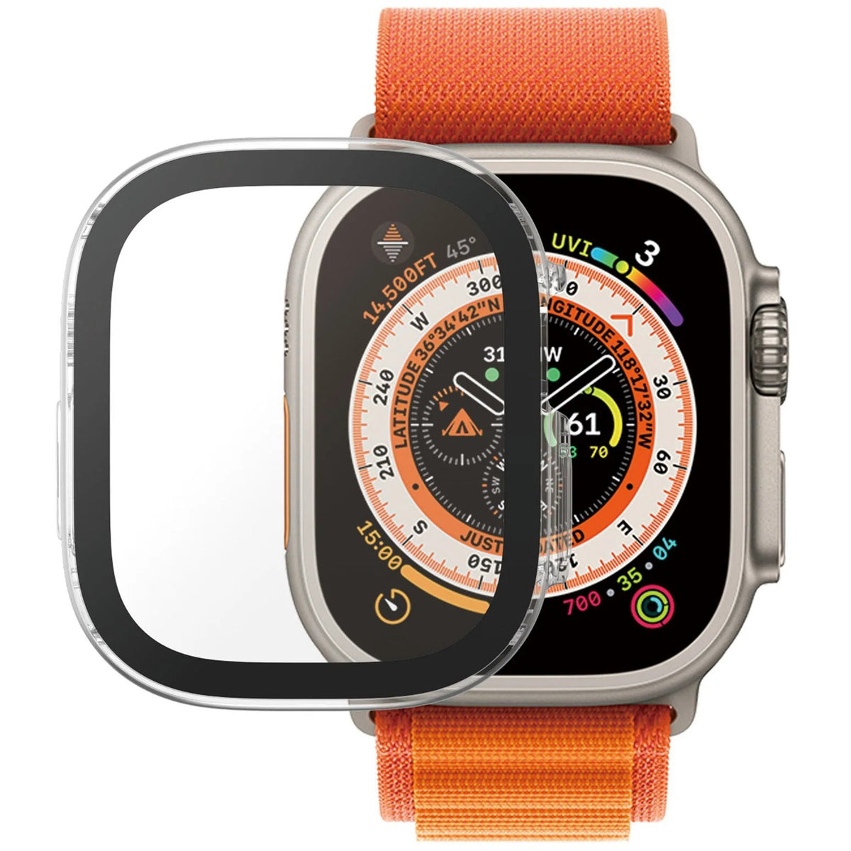 Hülle mit integriertem gehärtetem Glas PanzerGlass Full Body Protection für Apple Watch Ultra 4/3/2/1 49 mm, Transparent