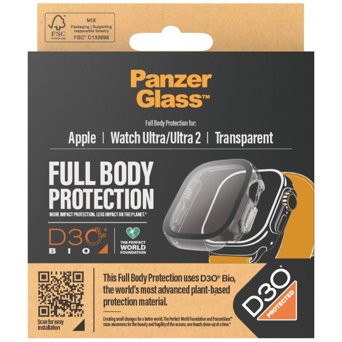 Hülle mit integriertem gehärtetem Glas PanzerGlass Full Body Protection für Apple Watch Ultra 4/3/2/1 49 mm, Transparent