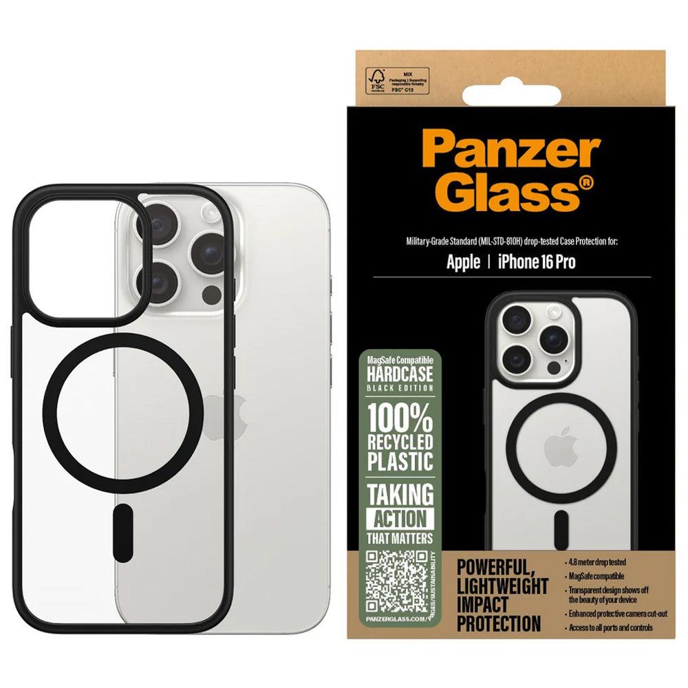 Gepanzerte Handyhülle für iPhone 16 Pro, PanzerGlass HardCase MagSafe, Transparent und Schwarz