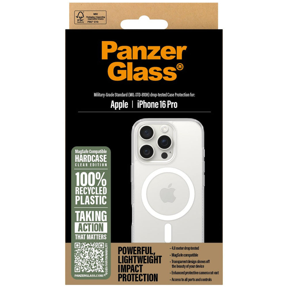 Gepanzerte Handyhülle für iPhone 16 Pro, PanzerGlass HardCase MagSafe, Transparent und Weiß