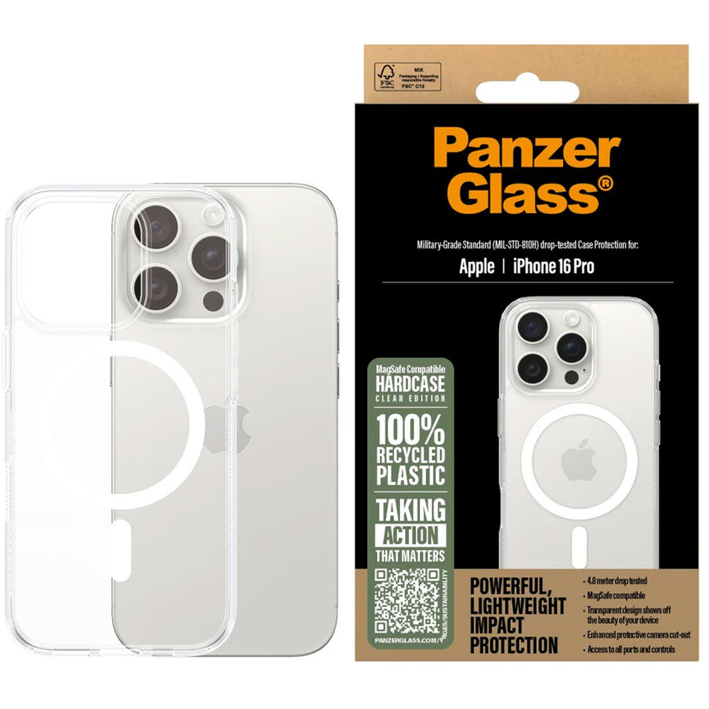 Gepanzerte Handyhülle für iPhone 16 Pro, PanzerGlass HardCase MagSafe, Transparent und Weiß