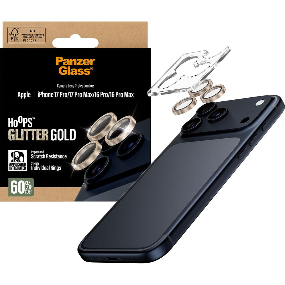 Gehärtetes Glas für iPhone 17 Pro Max / 17 Pro / 16 Pro Max / 16 Pro, PanzerGlass Hoops Glitter Gold Camera Lens Protector, Transparent und Gold