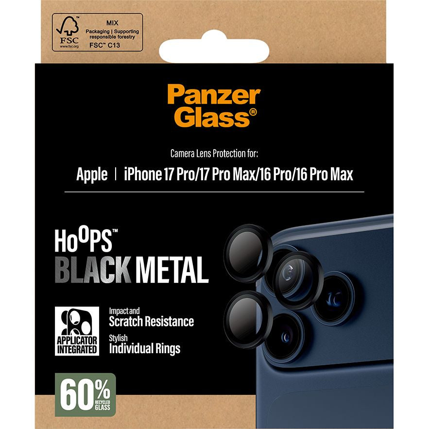 Gehärtetes Glas mit Applikator für iPhone 17 Pro Max / 17 Pro / 16 Pro Max / 16 Pro, PanzerGlass Hoops Camera, Transparent und Schwarz