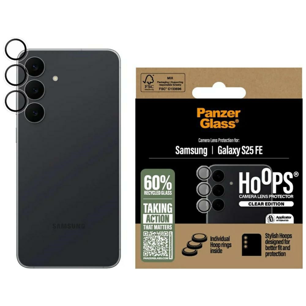 Gehärtetes Glas mit Applikator für Galaxy S25 FE, PanzerGlass Hoops Camera, Transparent mit schwarzen Rahmen