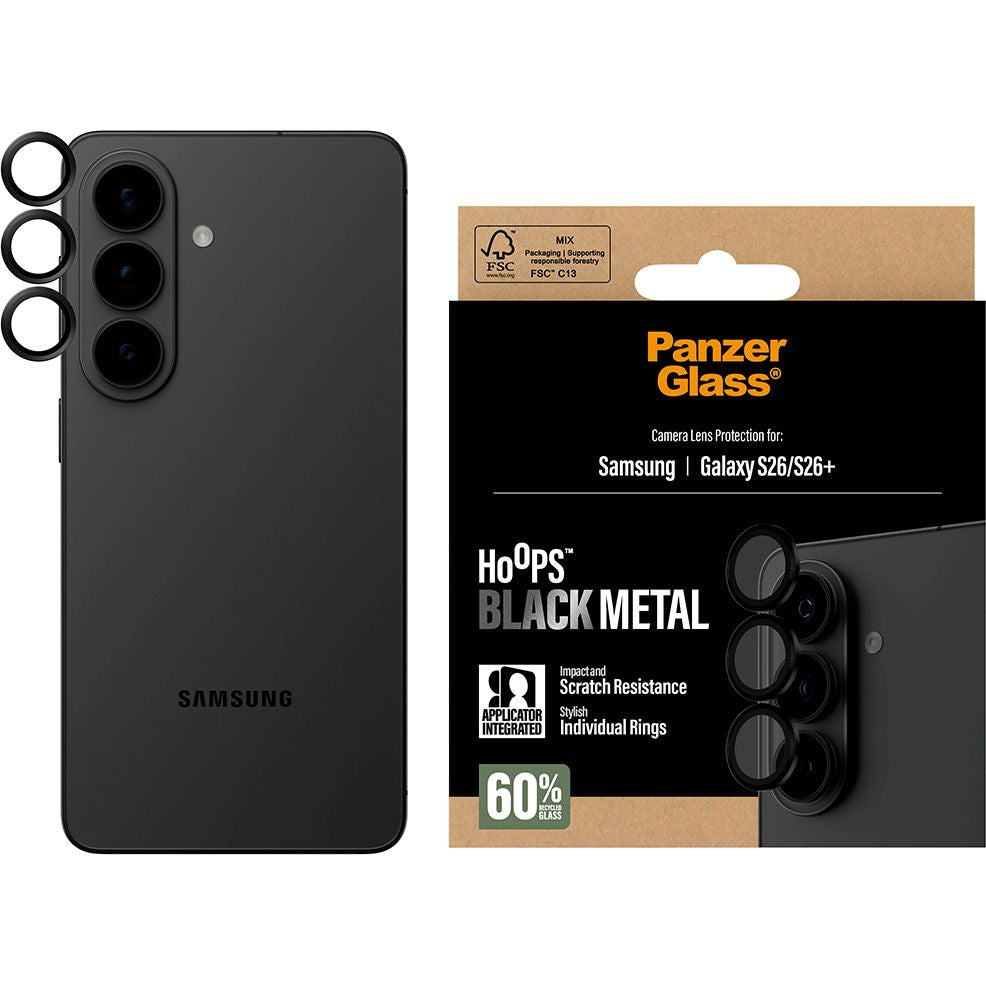 Gehärtetes Glas mit Applikator für Galaxy S26 Plus / S26, PanzerGlass Hoops Camera, Transparent-Schwarz