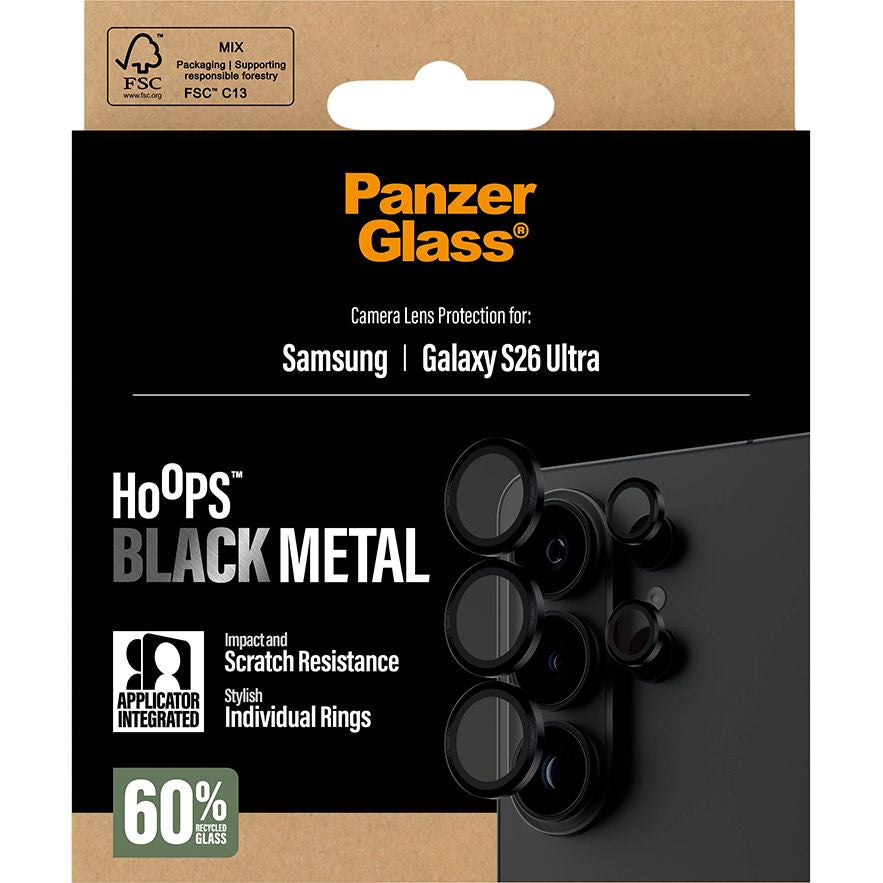 Gehärtetes Glas mit Applikator für Galaxy S26 Ultra, PanzerGlass Hoops Camera, Transparent-Schwarz