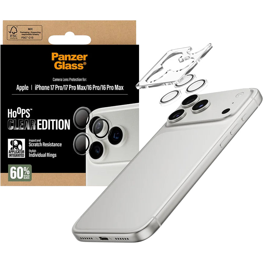 Gehärtetes Glas mit Applikator für iPhone 17 Pro Max / 17 Pro / 16 Pro Max / 16 Pro, PanzerGlass Hoops Camera, Transparent mit schwarzen Rahmen