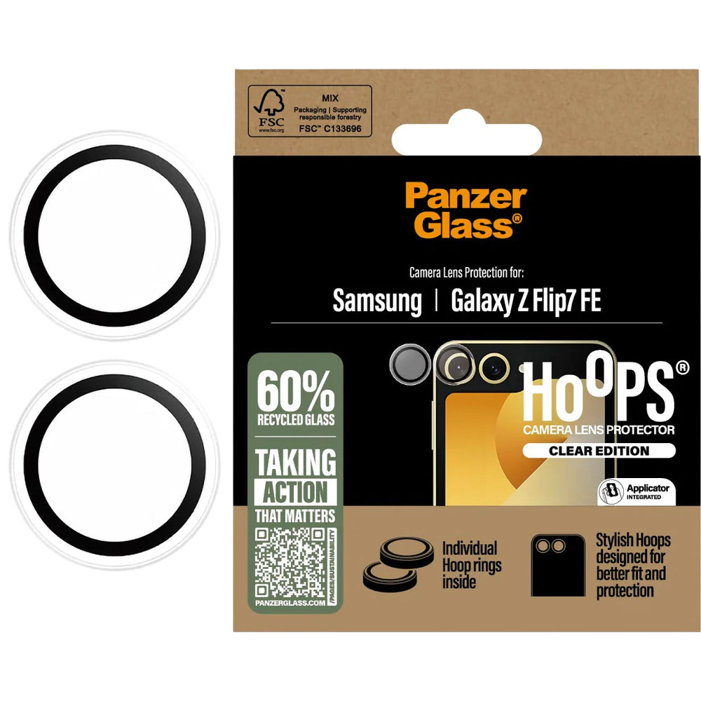 Gehärtetes Glas mit Applikator für Galaxy Z Flip7 FE, PanzerGlass Hoops Camera, Transparent mit schwarzen Rahmen