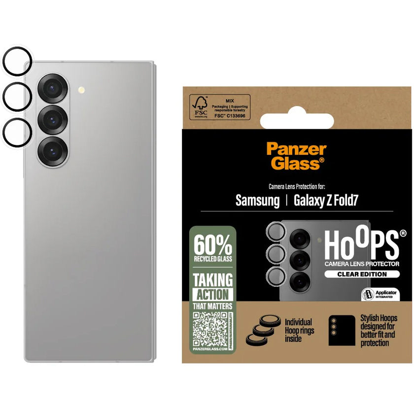 Gehärtetes Glas mit Applikator für Galaxy Z Fold7, PanzerGlass Hoops Camera, Transparent mit schwarzen Rahmen