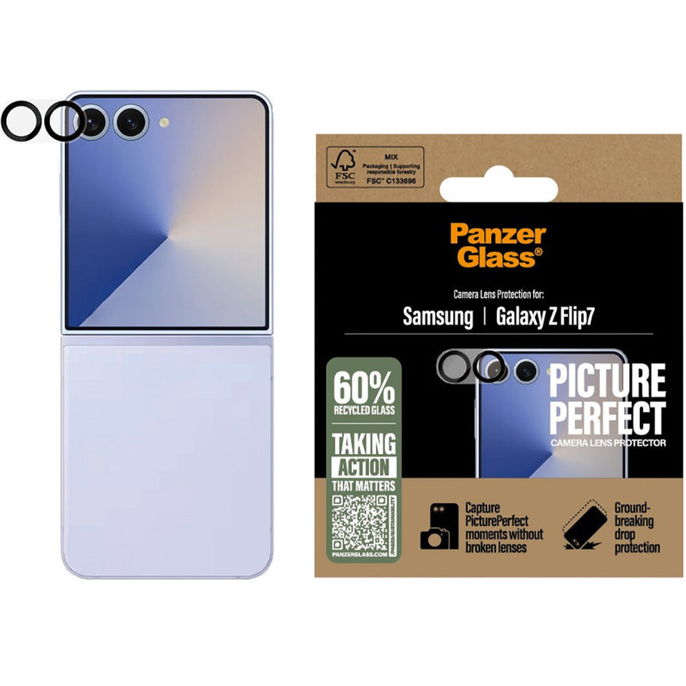 Gehärtetes Glas für die Kamera für Galaxy Z Flip7, PanzerGlass PicturePerfect Camera Lens Protector, Schwarz-Transparent