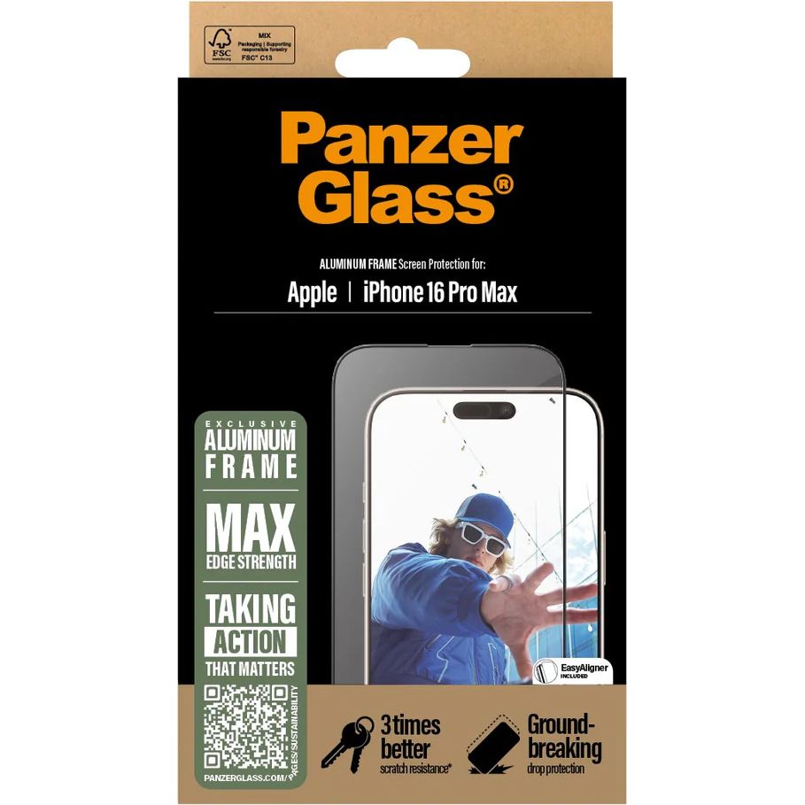 Gehärtetes Glas für iPhone 16 Pro Max, PanzerGlass Aluminum Frame Ultra-Wide Fit + EasyAligner, Schwarzer Rahmen