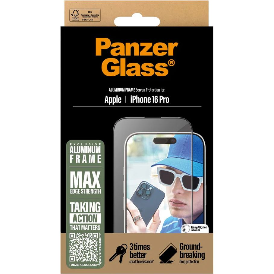 Gehärtetes Glas für iPhone 16 Pro, PanzerGlass Aluminum Frame Ultra-Wide Fit + EasyAligner, Schwarzer Rahmen