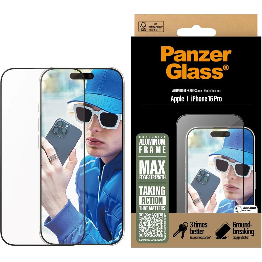 Gehärtetes Glas für iPhone 16 Pro, PanzerGlass Aluminum Frame Ultra-Wide Fit + EasyAligner, Schwarzer Rahmen
