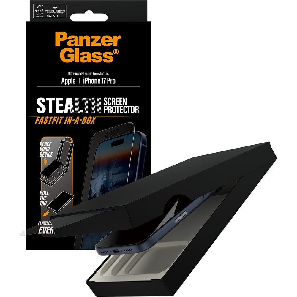 Gehärtetes Glas mit Applikator für iPhone 17 Pro, PanzerGlass Stealth Ultra-Wide Fastfit