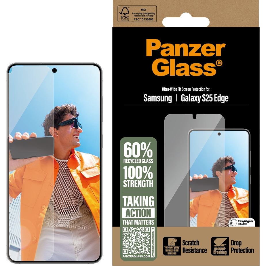 Gehärtetes Glas mit Applikator für Galaxy S25 Edge, PanzerGlass Ultra-Wide Fit EasyAligner, Transparent