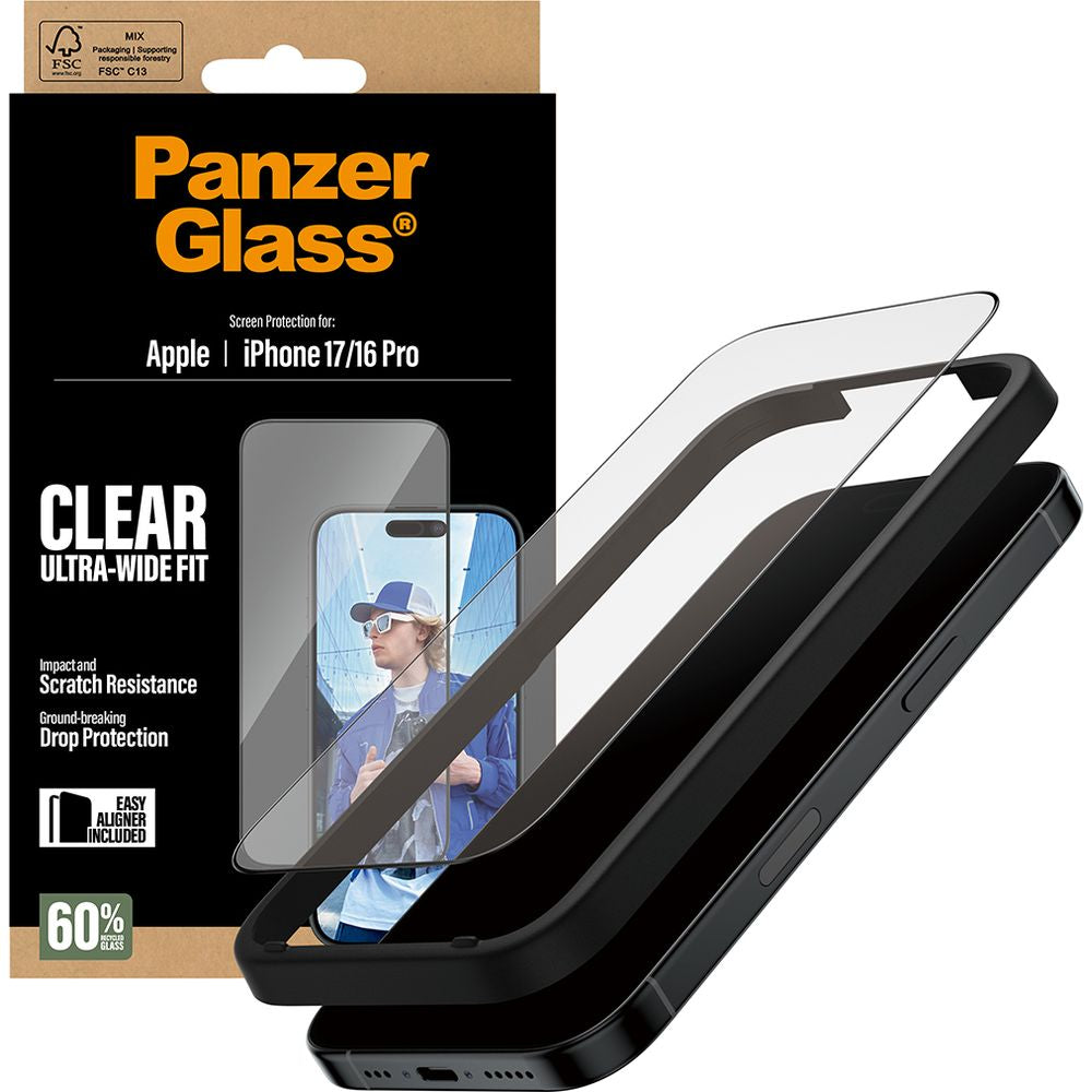 Gehärtetes Glas mit Applikator für iPhone 17 / 16 Pro, PanzerGlass Ultra-Wide Fit, Transparent mit schwarzen Rahmen