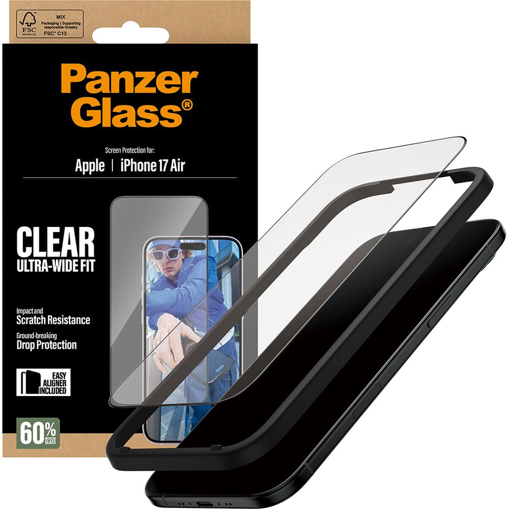 Gehärtetes Glas mit Applikator für iPhone Air, PanzerGlass Ultra-Wide Fit, Transparent mit schwarzen Rahmen