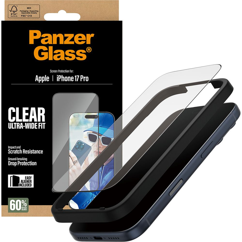 Gehärtetes Glas mit Applikator für iPhone 17 Pro, PanzerGlass Ultra-Wide Fit, Transparent mit schwarzen Rahmen