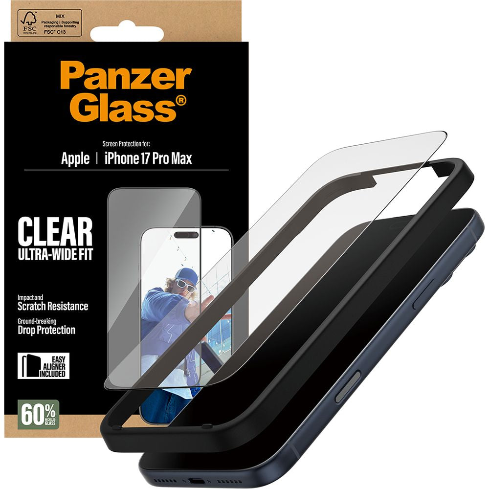 Gehärtetes Glas mit Applikator für iPhone 17 Pro Max, PanzerGlass Ultra-Wide Fit, Transparent mit schwarzen Rahmen