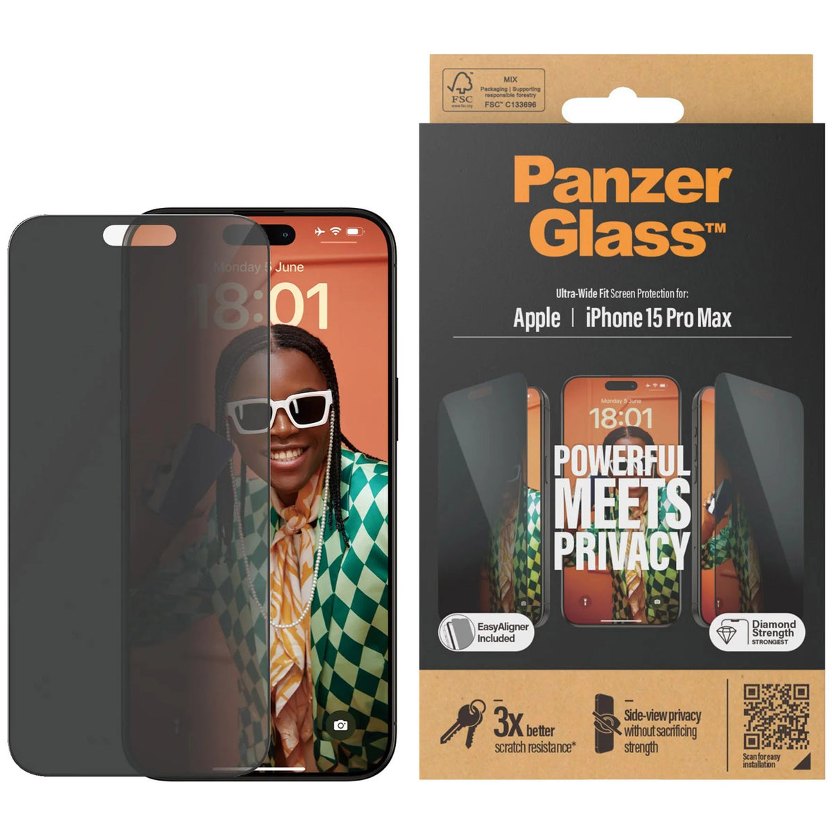 Gehärtetes Glas für das gesamte Display PanzerGlass Ultra-Wide Fit Privacy + EasyAligner für iPhone 15 Pro Max, Getönte mit schwarzer Rahmen