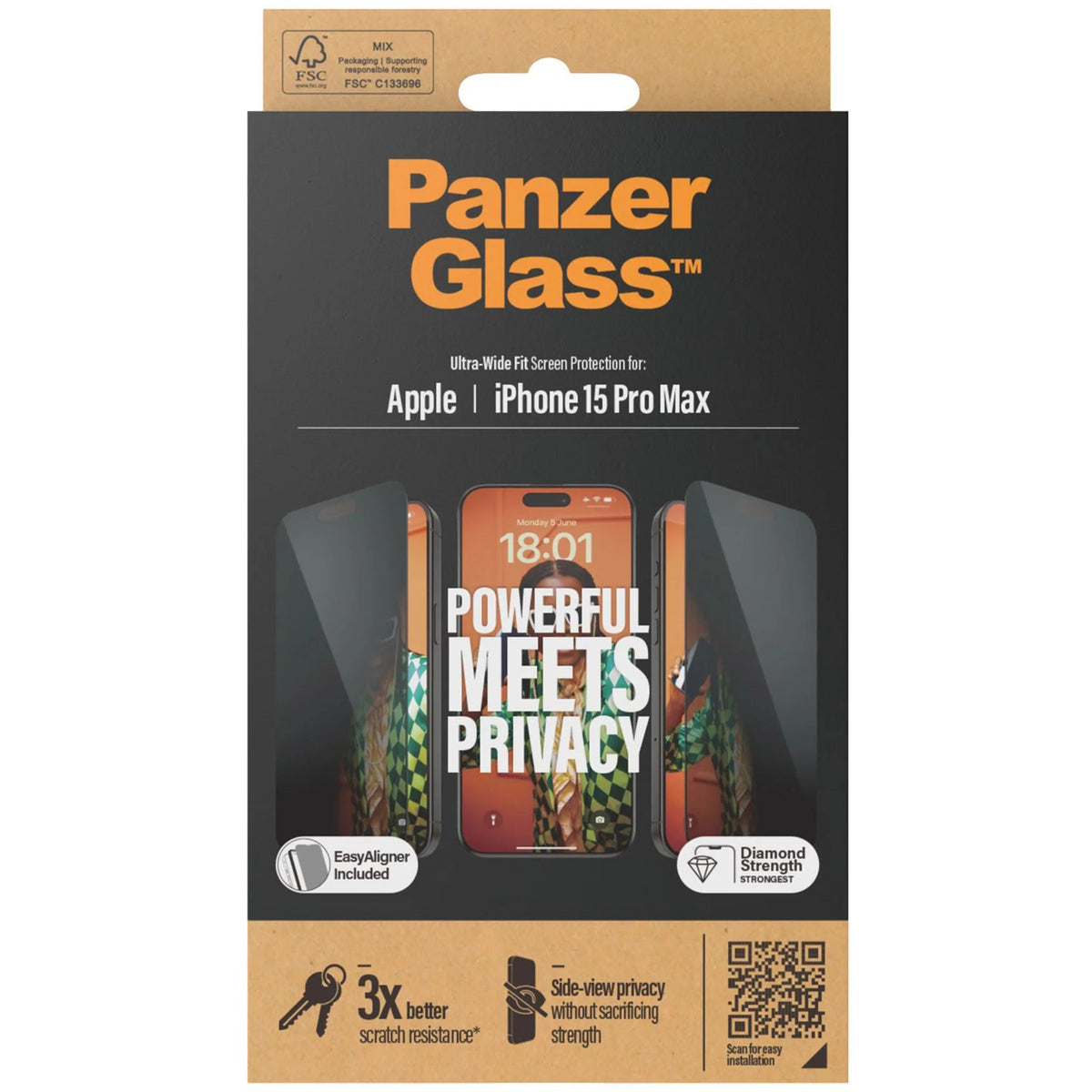 Gehärtetes Glas für das gesamte Display PanzerGlass Ultra-Wide Fit Privacy + EasyAligner für iPhone 15 Pro Max, Getönte mit schwarzer Rahmen