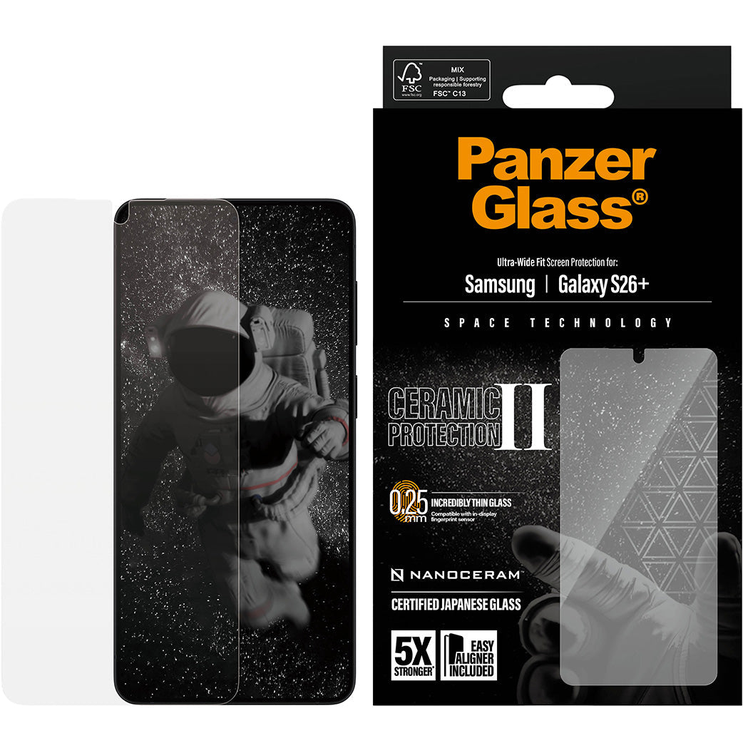 Gehärtetes Glas mit Applikator für Galaxy S26 Plus, PanzerGlass Ceramic Ultra-Wide Fit + EasyAligner
