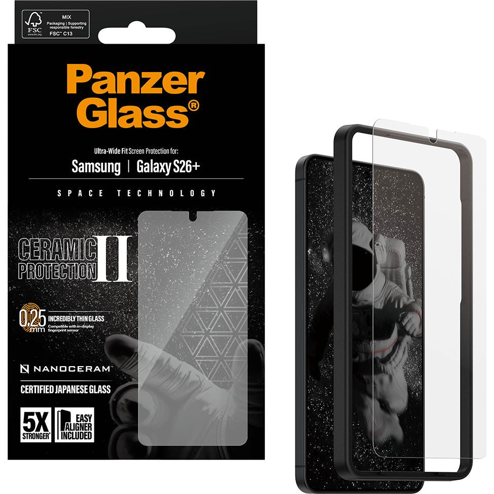 Gehärtetes Glas mit Applikator für Galaxy S26 Plus, PanzerGlass Ceramic Ultra-Wide Fit + EasyAligner