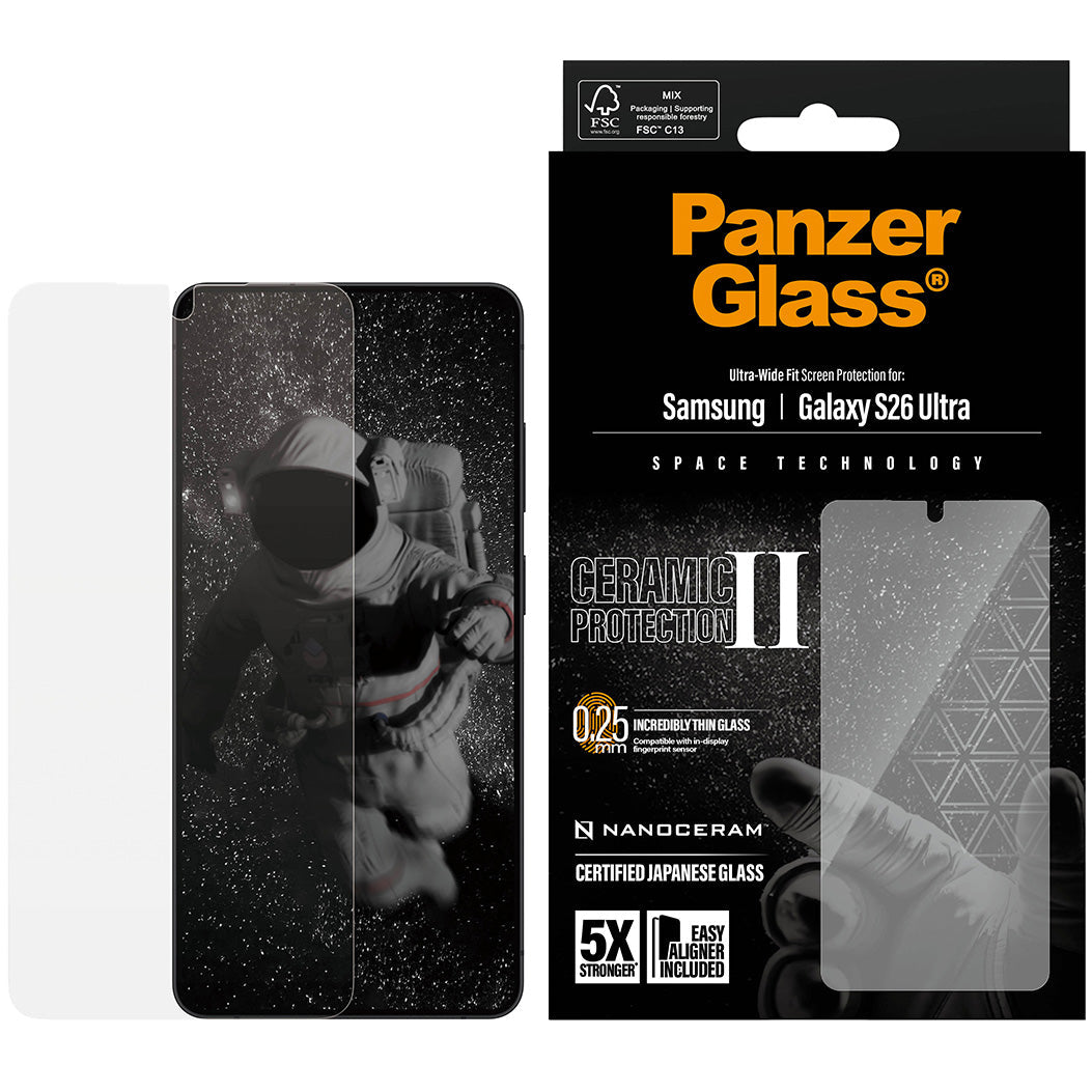 Gehärtetes Glas mit Applikator für Galaxy S26 Ultra, PanzerGlass Ceramic Ultra-Wide Fit + EasyAligner