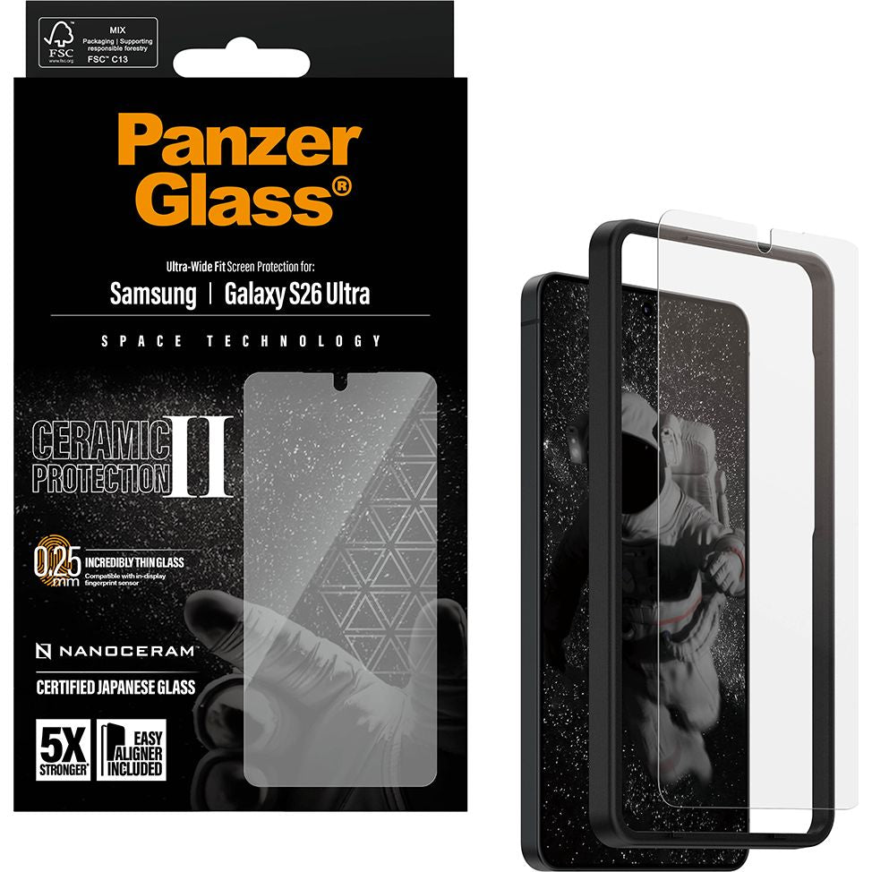 Gehärtetes Glas mit Applikator für Galaxy S26 Ultra, PanzerGlass Ceramic Ultra-Wide Fit + EasyAligner