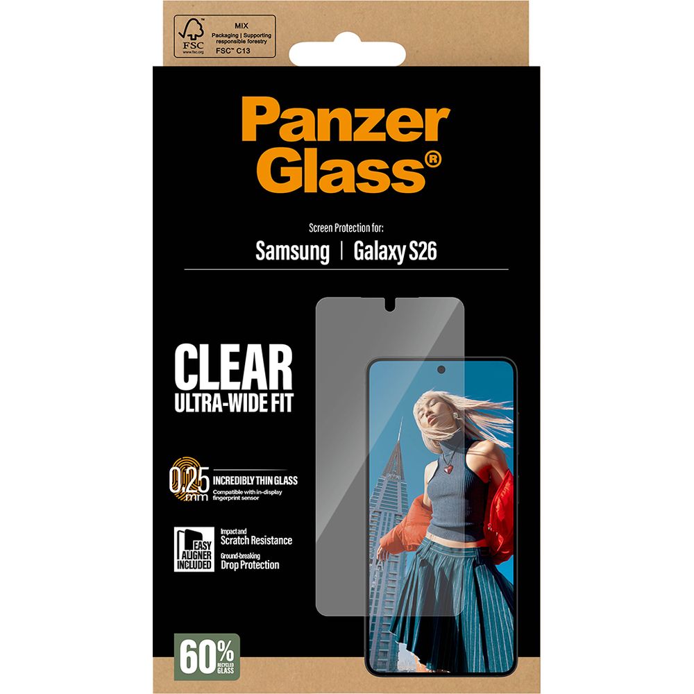 Gehärtetes Glas mit Applikator für Galaxy S26, PanzerGlass Ultra-Wide Fit, Transparent