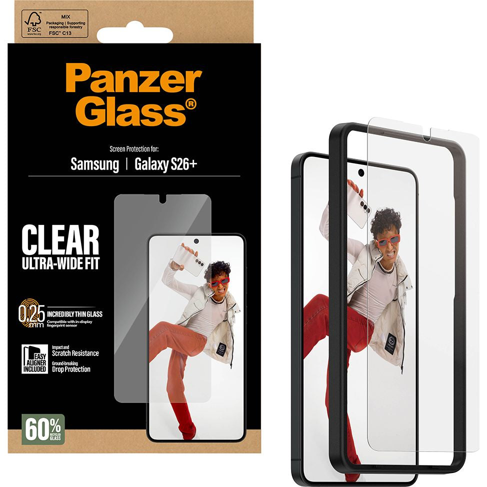 Gehärtetes Glas mit Applikator für Galaxy S26 Plus, PanzerGlass Ultra-Wide Fit, Transparent