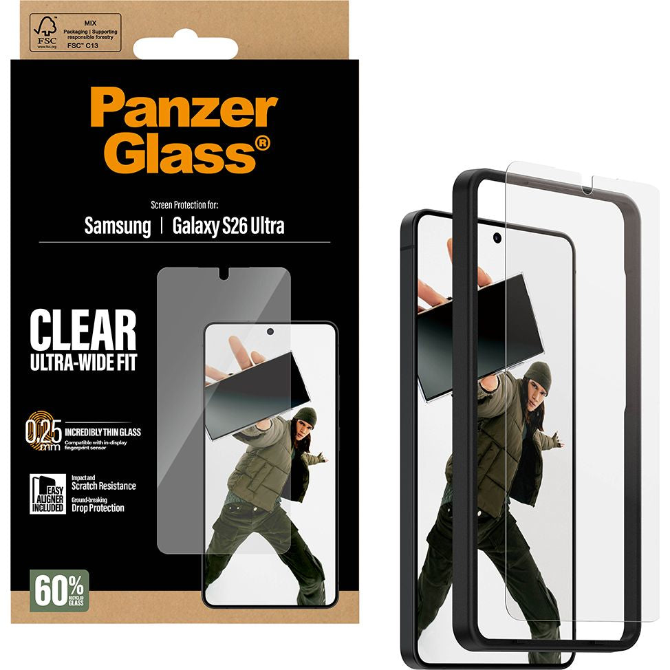 Gehärtetes Glas mit Applikator für Galaxy S26 Ultra, PanzerGlass Ultra-Wide Fit, Transparent