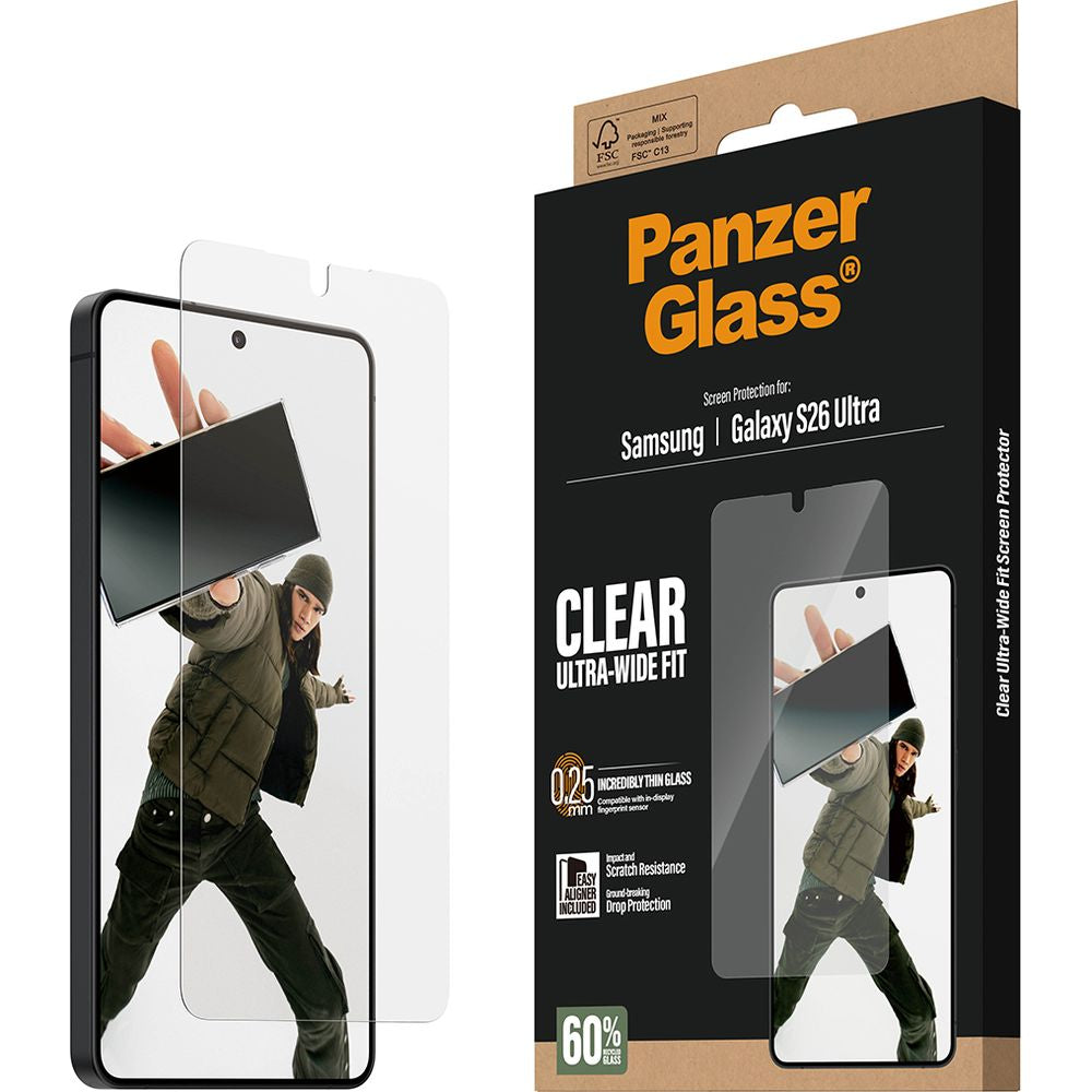 Gehärtetes Glas mit Applikator für Galaxy S26 Ultra, PanzerGlass Ultra-Wide Fit, Transparent