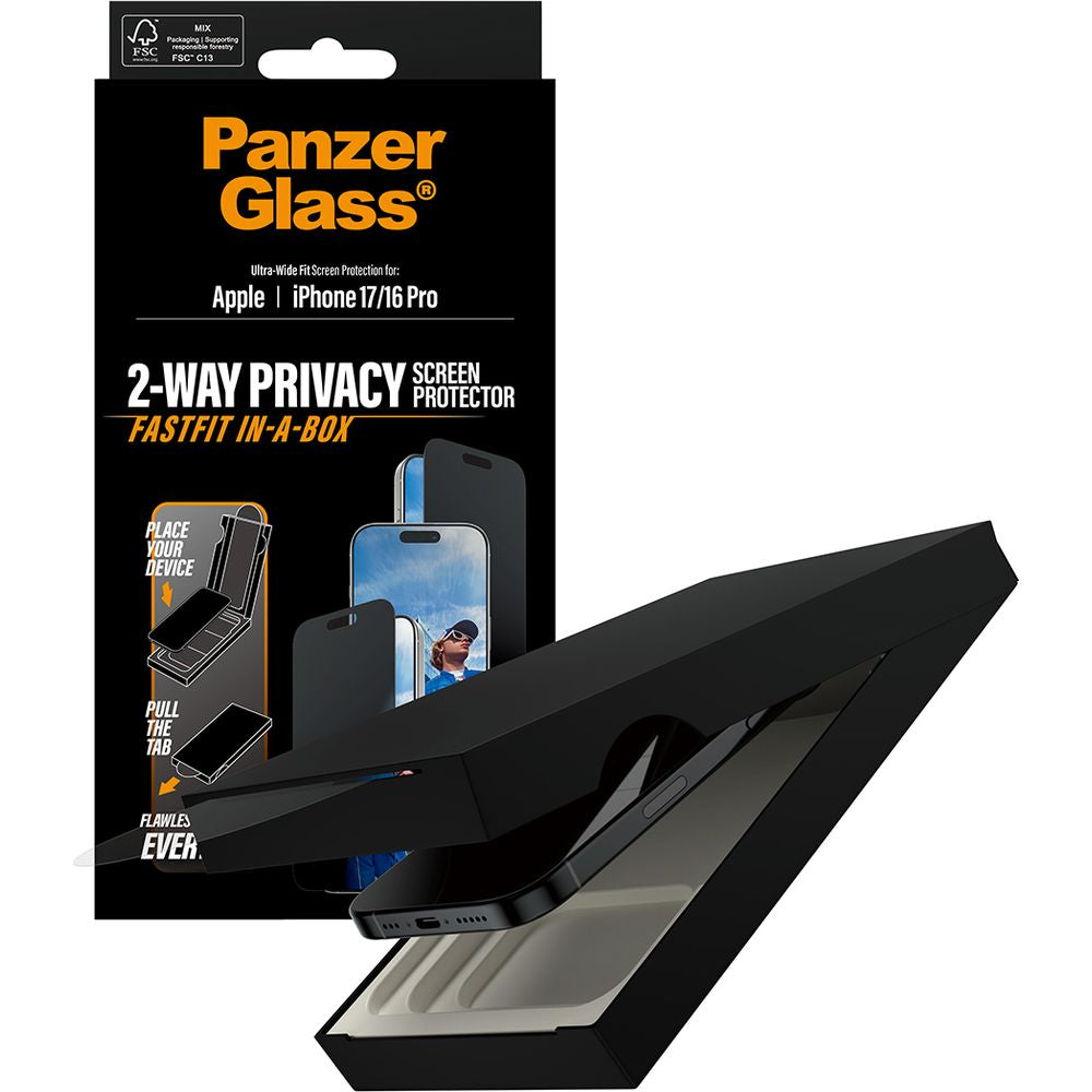 Sichtschutzglas mit Applikator für iPhone 17 / 16 Pro, PanzerGlass 2-way Privacy Ultra-Wide Fit Fastfit