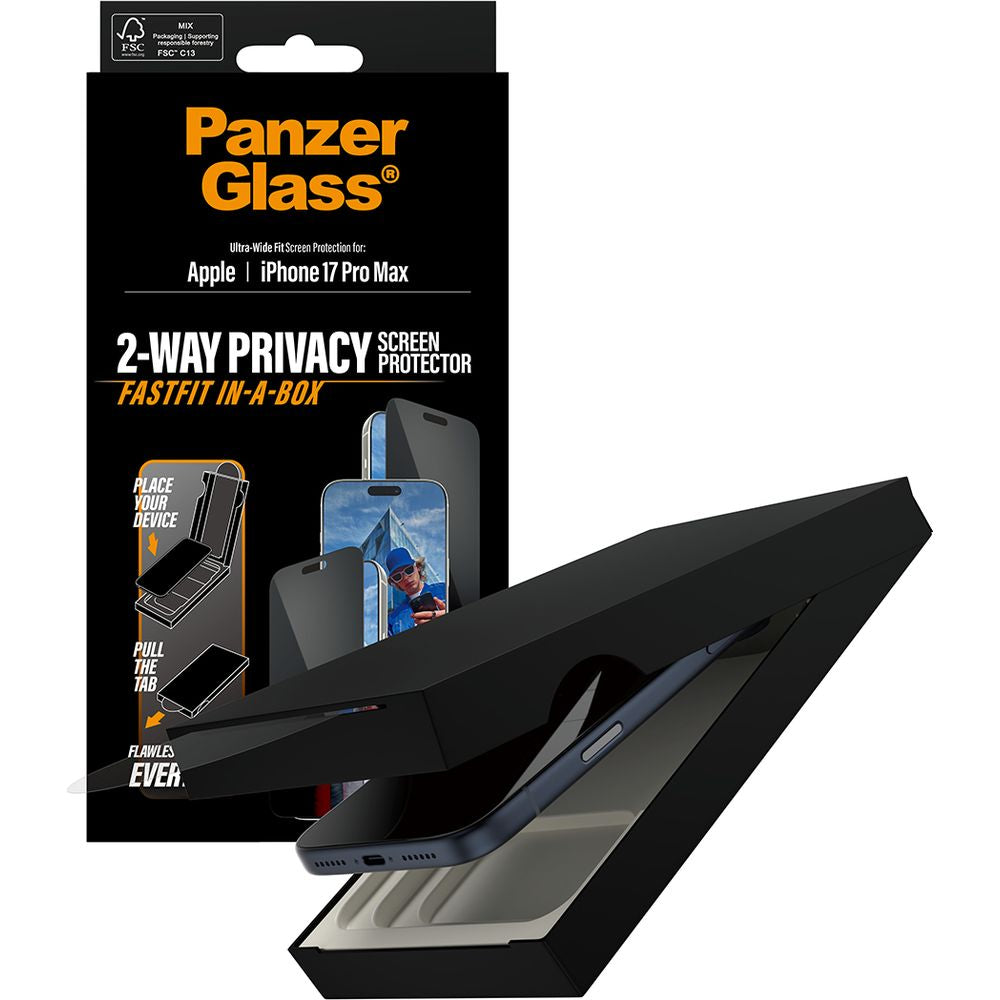 Sichtschutzglas mit Applikator für iPhone 17 Pro Max, PanzerGlass 2-way Privacy Ultra-Wide Fit Fastfit