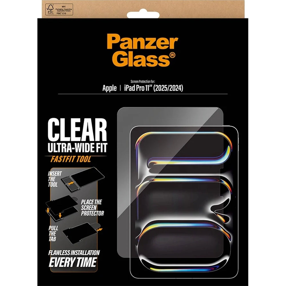 Gehärtetes Glas mit Applikator für iPad Pro 11 (M5 / M4) 2025 / 2024, PanzerGlass Clear Ultra-Wide Fit FastFit