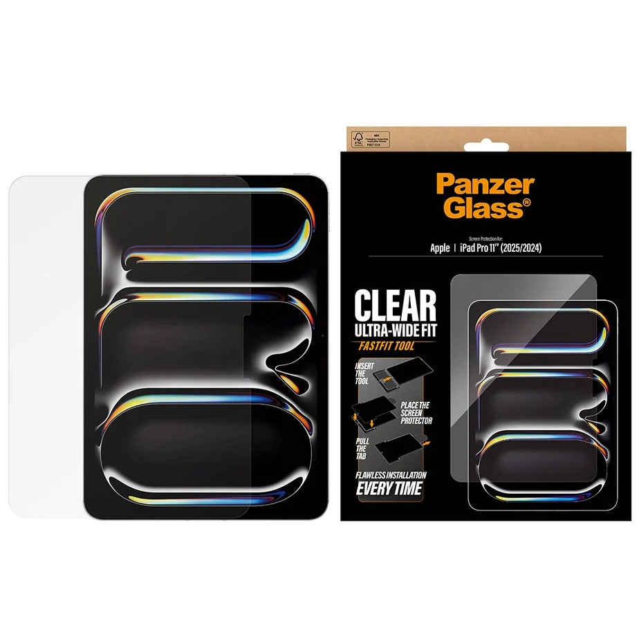 Gehärtetes Glas mit Applikator für iPad Pro 11 (M5 / M4) 2025 / 2024, PanzerGlass Clear Ultra-Wide Fit FastFit