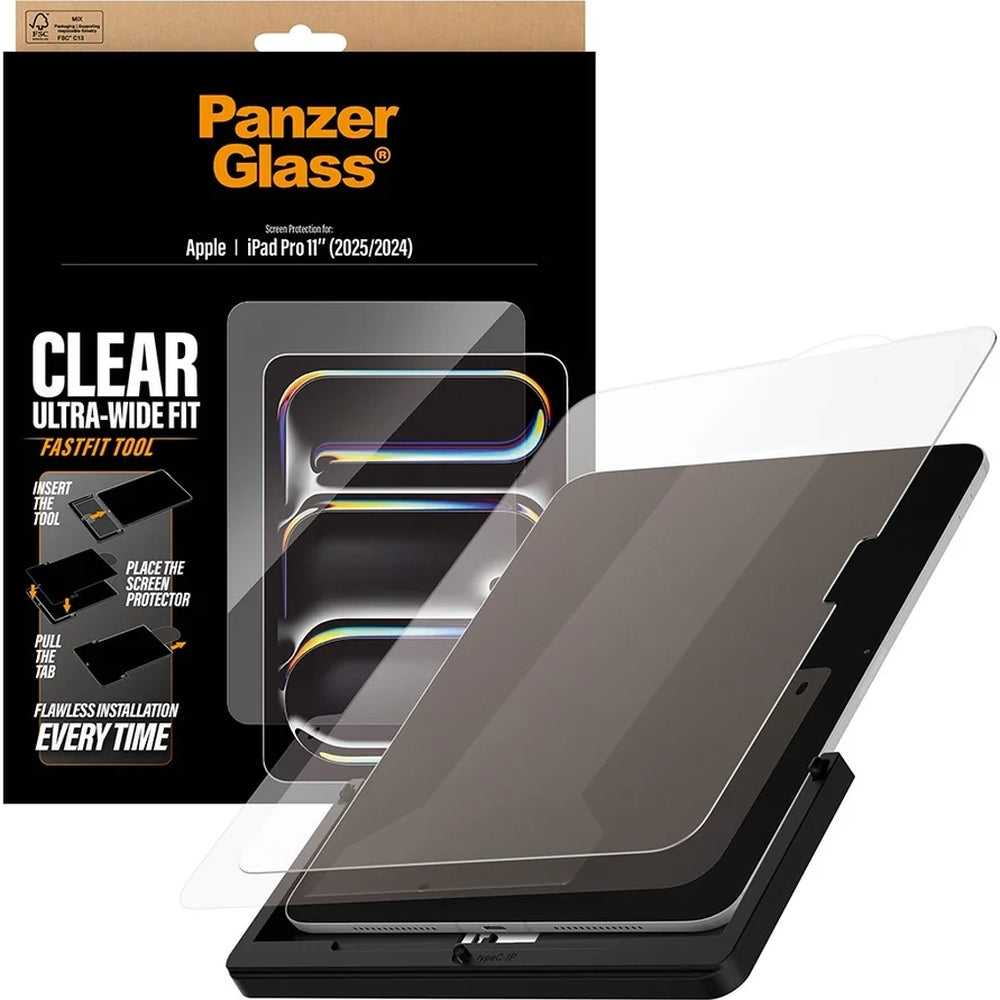 Gehärtetes Glas mit Applikator für iPad Pro 11 (M5 / M4) 2025 / 2024, PanzerGlass Clear Ultra-Wide Fit FastFit