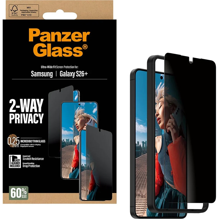 Sichtschutzglas mit Applikator für Galaxy S26 Plus, SAFE by PanzerGlass Ultra-Wide Fit Privacy mit EasyAligner