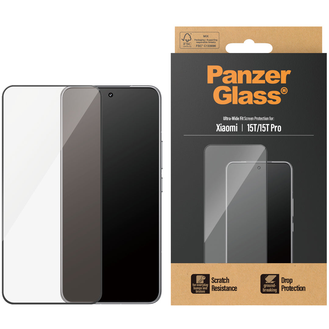 Hartglas für Xiaomi 15T / 15T Pro, PanzerGlass Ultra-Wide Fit, schwarzem Rahmen