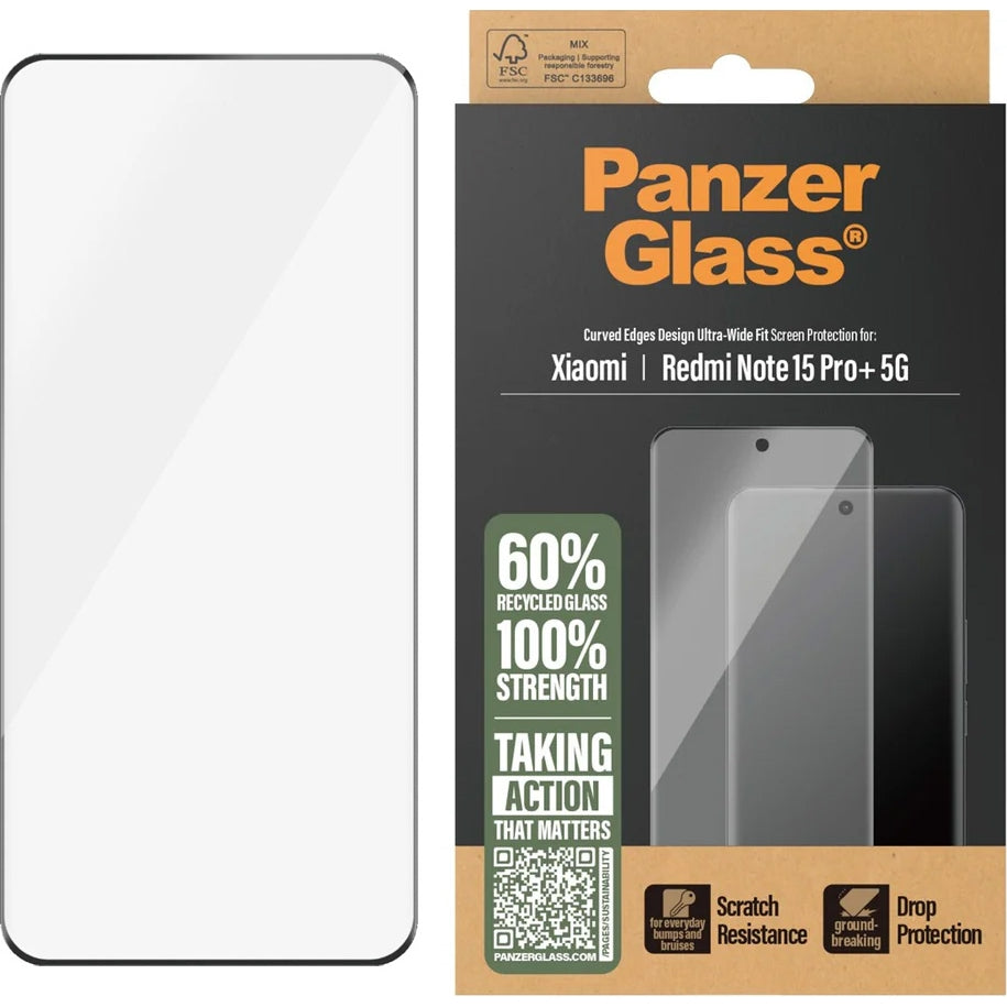 Hartglas für Xiaomi Redmi Note 15 Pro Plus 5G / 4G, PanzerGlass Ultra-Wide Fit, schwarzem Rahmen