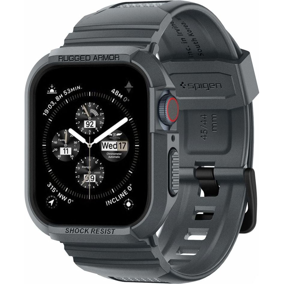 Schutzhülle mit Armband für Apple Watch 9/8/7/6/5/4/SE 45/44mm, Spigen Rugged Armor Pro, Grau