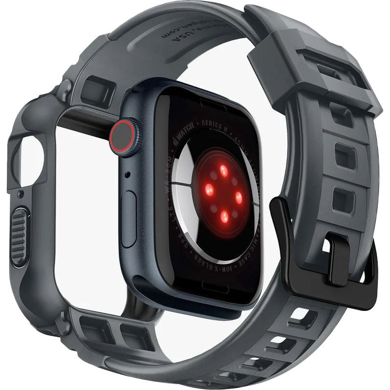 Schutzhülle mit Armband für Apple Watch 9/8/7/6/5/4/SE 45/44mm, Spigen Rugged Armor Pro, Grau