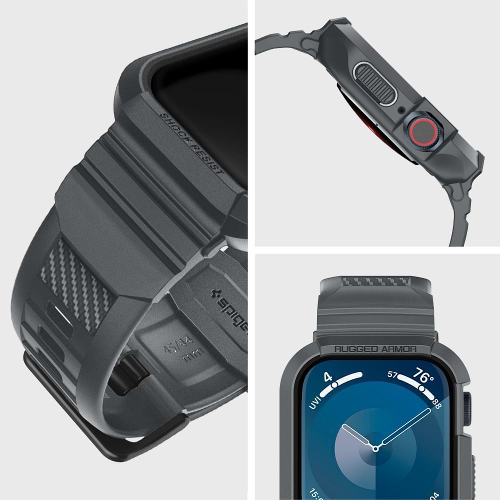 Schutzhülle mit Armband für Apple Watch 9/8/7/6/5/4/SE 45/44mm, Spigen Rugged Armor Pro, Grau