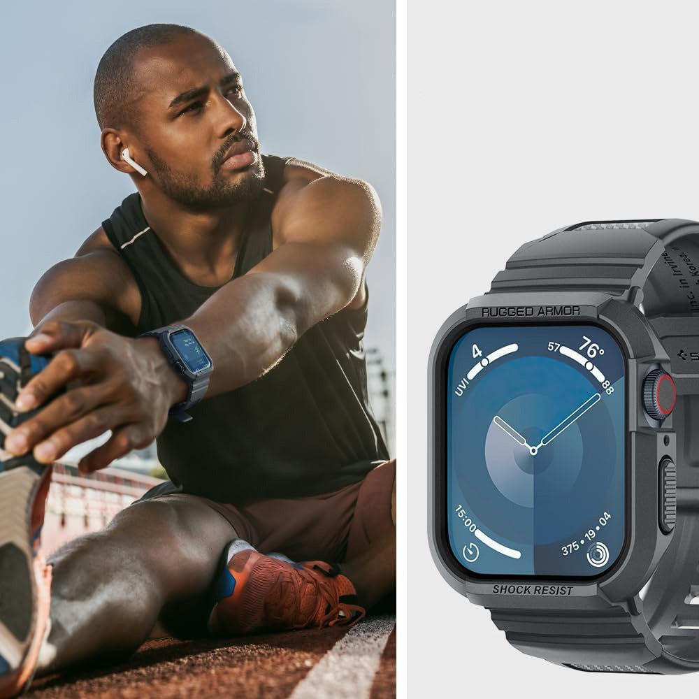 Schutzhülle mit Armband für Apple Watch 9/8/7/6/5/4/SE 45/44mm, Spigen Rugged Armor Pro, Grau