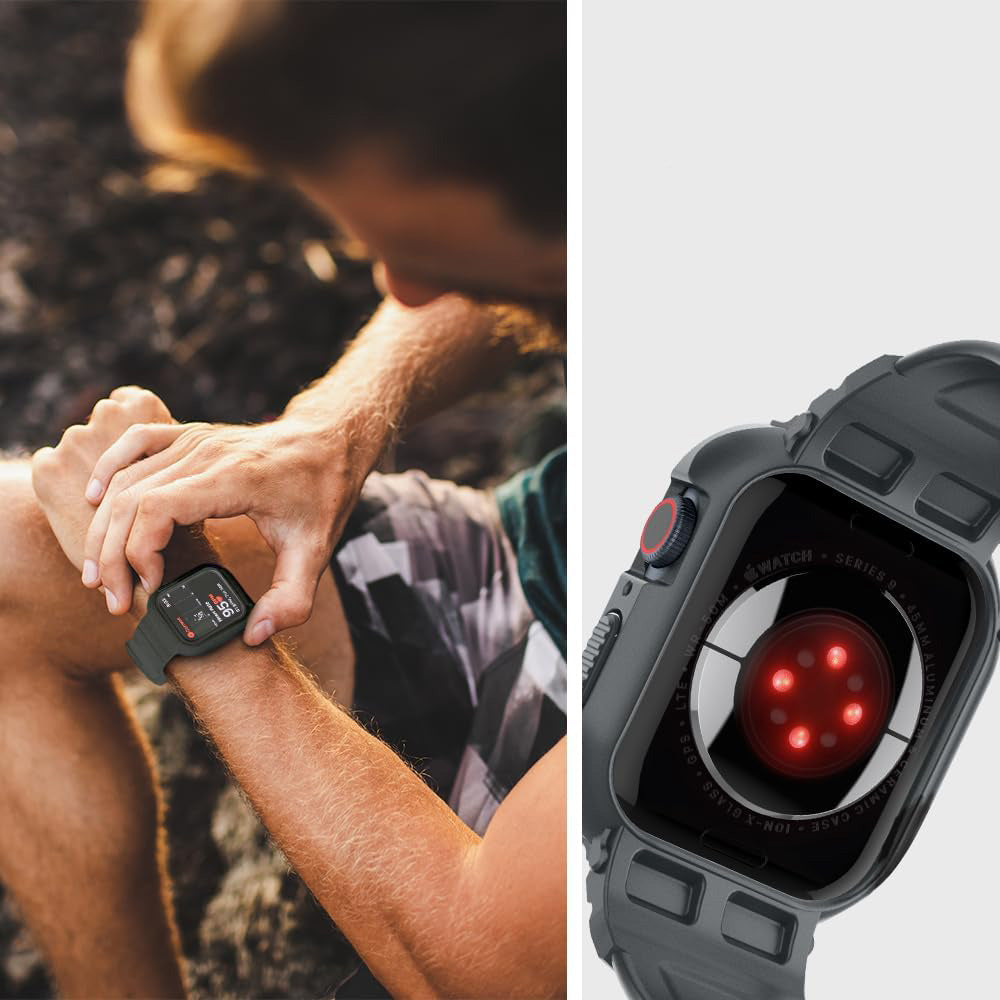 Schutzhülle mit Armband für Apple Watch 9/8/7/6/5/4/SE 45/44mm, Spigen Rugged Armor Pro, Grau