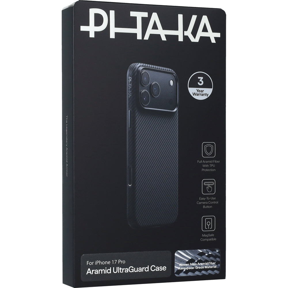 Handyhülle für iPhone 17 Pro, Pitaka Aramid UltraGuard mit MagSafe, Schwarz mit Kevlar