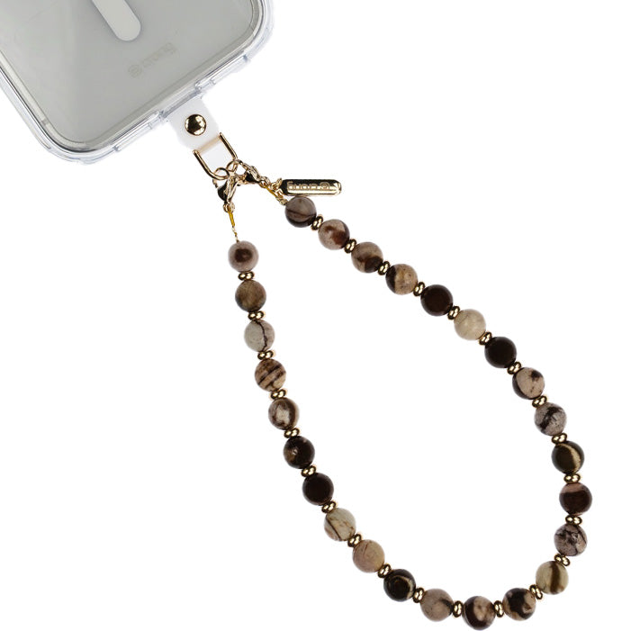 Universal-Handyband für das Handgelenk, Crong Phone Charm, Gold mit Perlen in Brauntönen