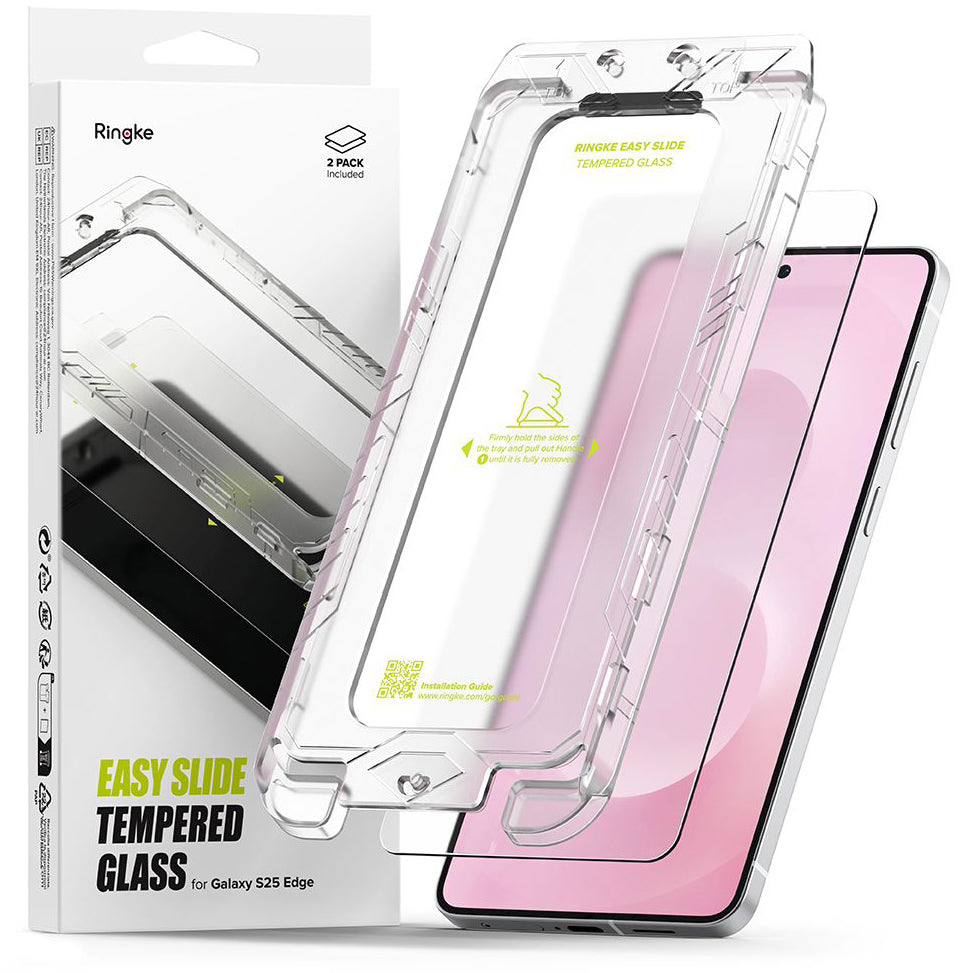 Gehärtetes Bildschirmglas mit Applikator für Galaxy S25 Edge, Ringke Easy Slide, Transparent, 2 Stück